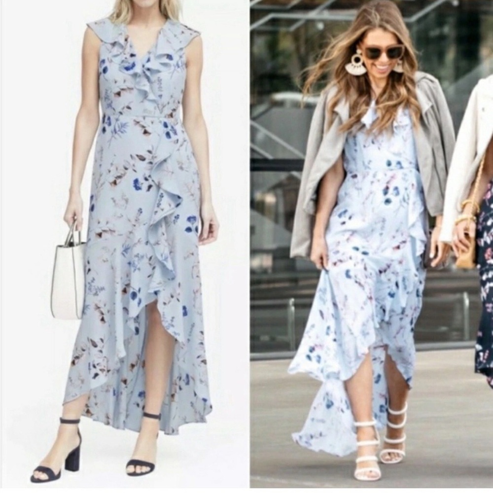 Banana Republic Faux Wrap High Low Floral Dress Pastel Light Blue Cottage Sz 8